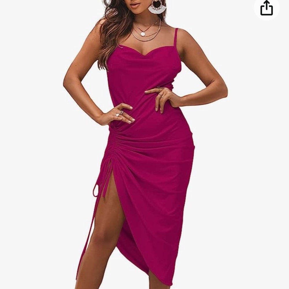 LYANER Women's Satin Spaghetti Straps Cowl Neck Sexy Ruch Cocktail Midi Dresses